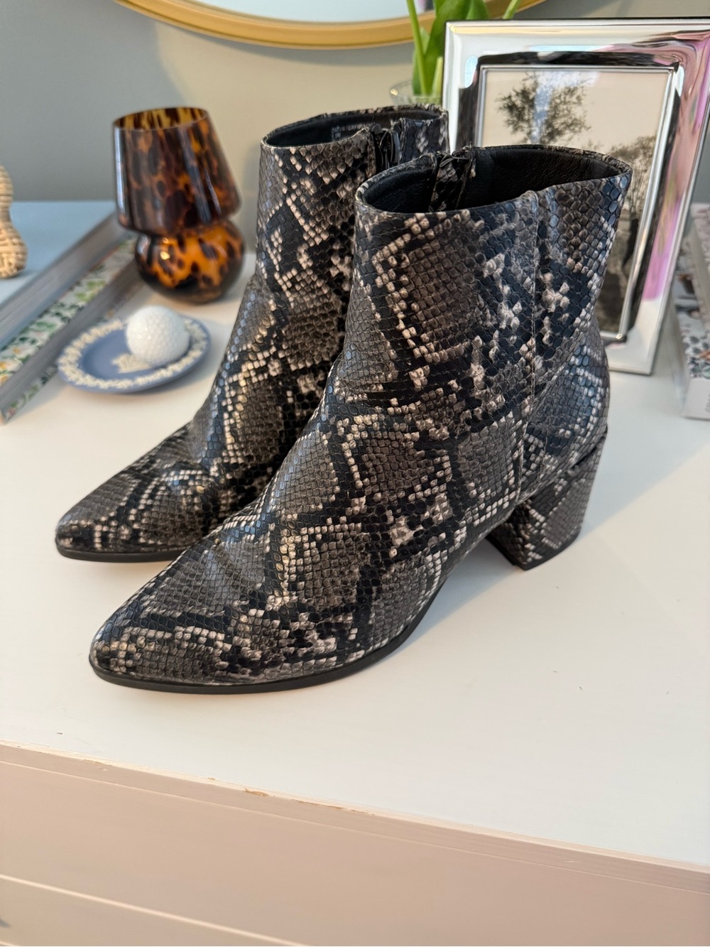 Madden Girl Black & Gray Snake-Print Pointed Ankle Booties